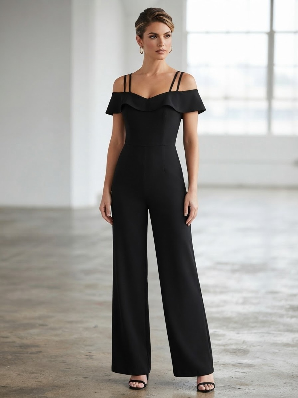NWT Haute Monde Black Ruffle Off-The-Shoulder Jumpsuit Sz Large